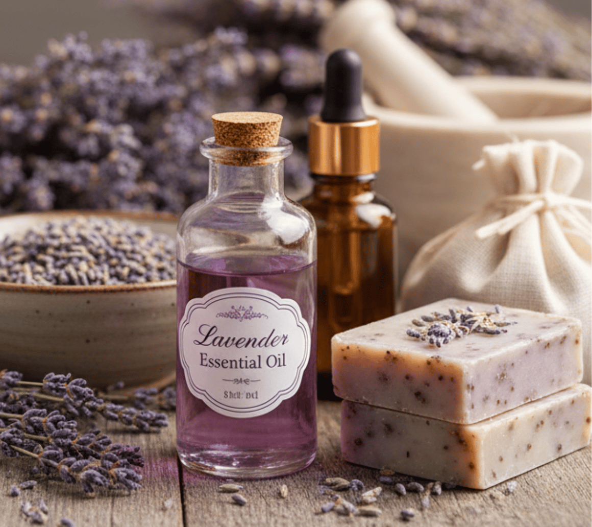 Lavender essential oil bottle, soap bars, and dried lavender flowers on a wooden surface.