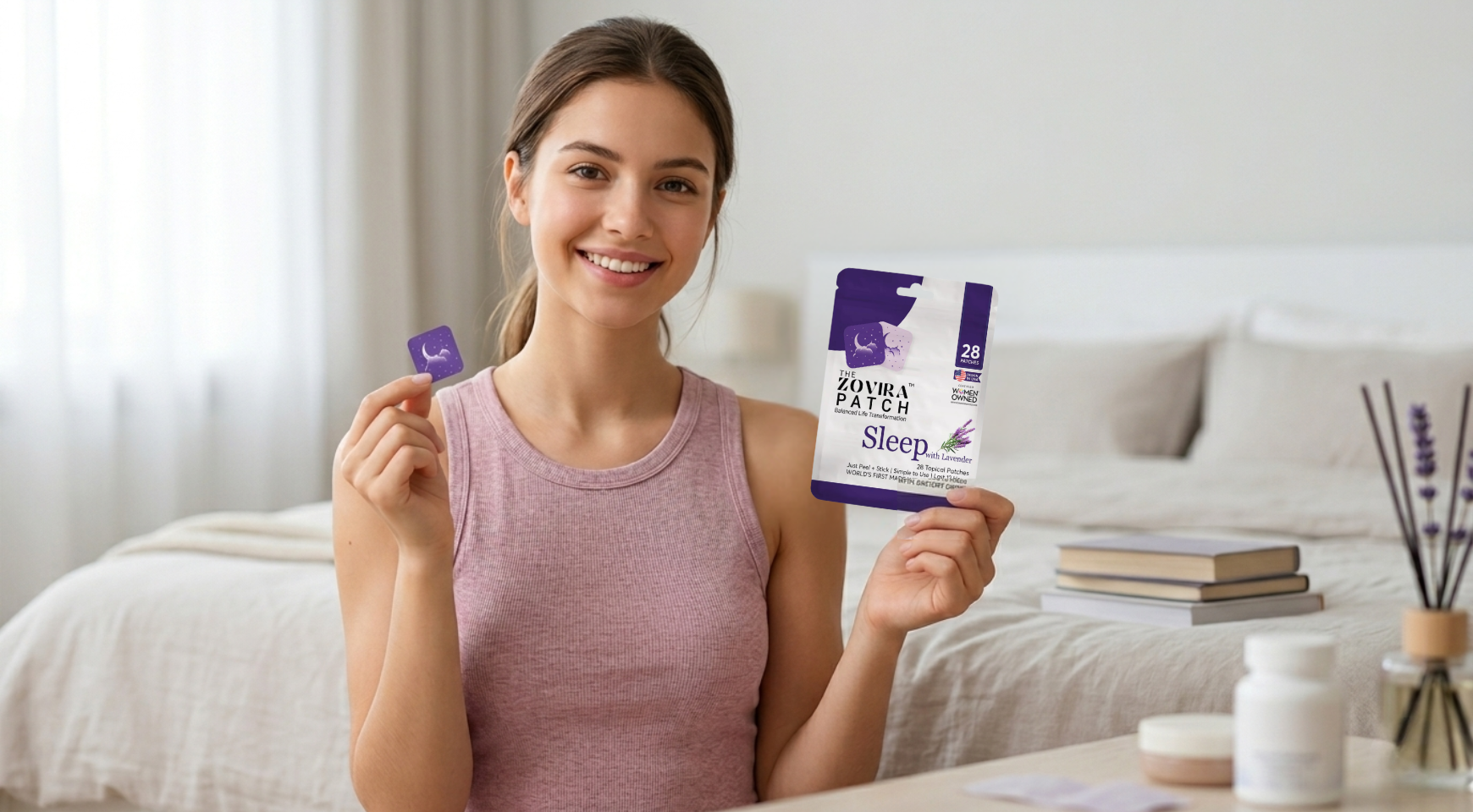 File name: zovira-sleep-lavender-patch-woman-holding-product-bedroom-lifestyle.jpg
Alt text: Smiling woman holding a Zovira Sleep with Lavender patch and its packaging in a bright bedroom setting, showing the patch size in hand