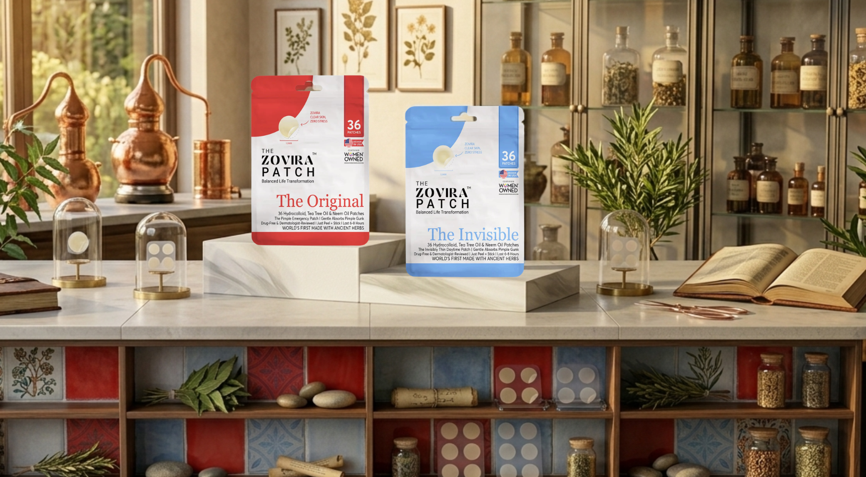 File name: zovira-original-invisible-pimple-patch-36-count-apothecary-lifestyle.jpg
Alt text: Zovira Original and Invisible hydrocolloid pimple patches — 36-count pouches displayed on a marble counter in a botanical apothecary-style setting