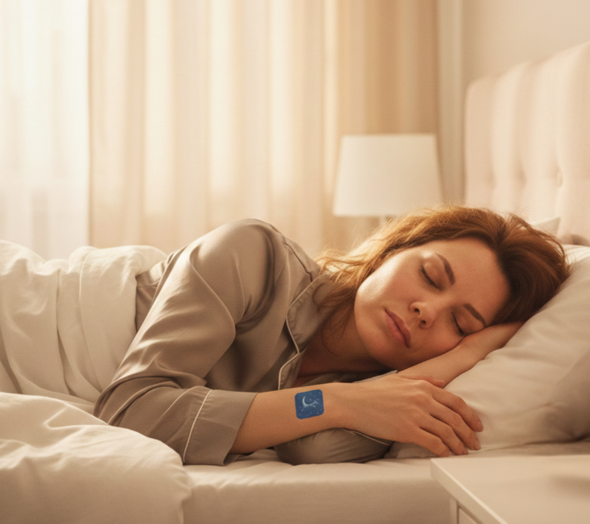 Woman sleeping in bed with a blue sleep patch on her arm.