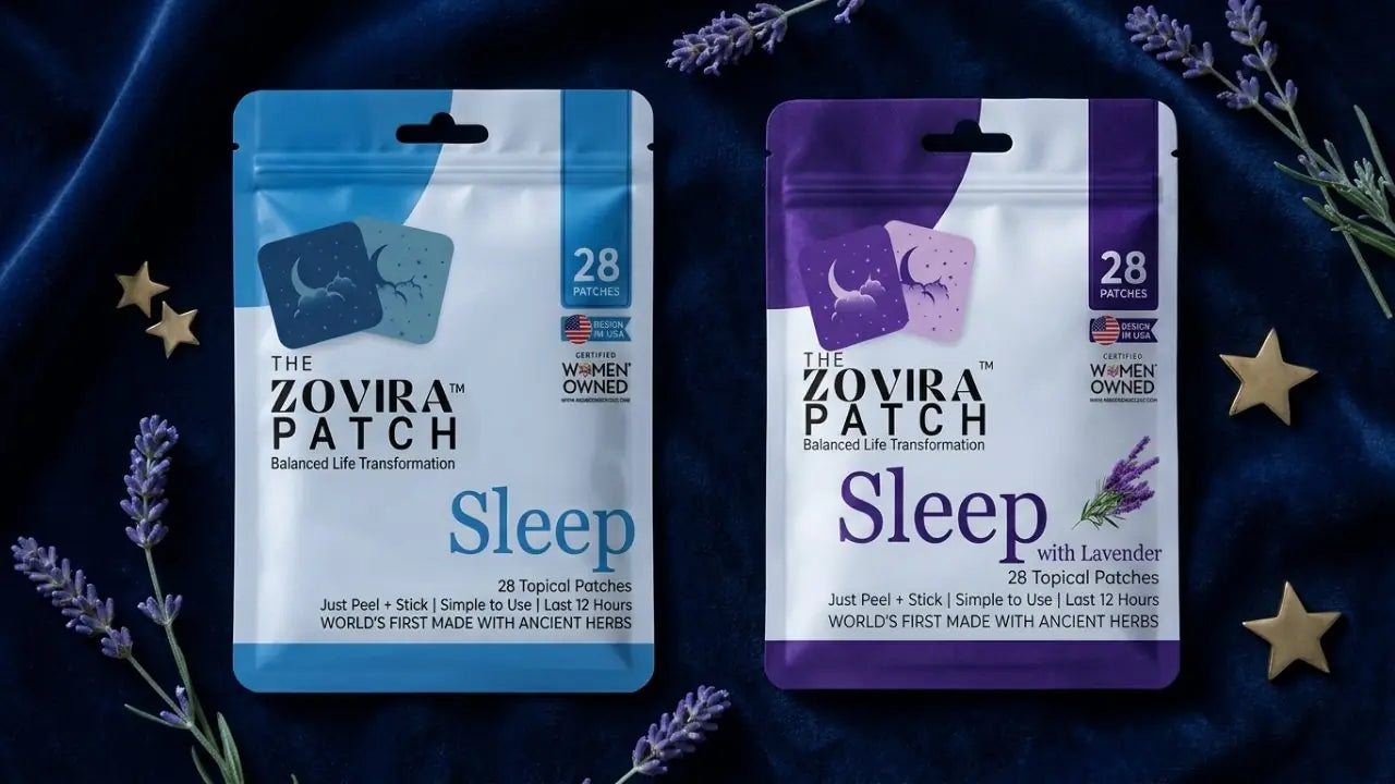 Zovira Sleep Bundle featuring Original Blue Sleep Patch and
Purple Lavender Sleep Patch packages side by side — complete
two patch nighttime sleep routine for deep restful sleep