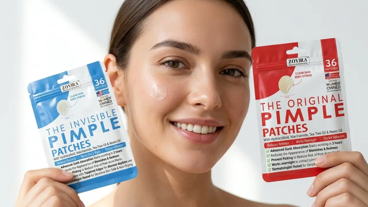 Young woman with clear glowing skin holding Zovira Original hydrocolloid acne patch package — dermatologist-reviewed drug-free overnight blemish patches