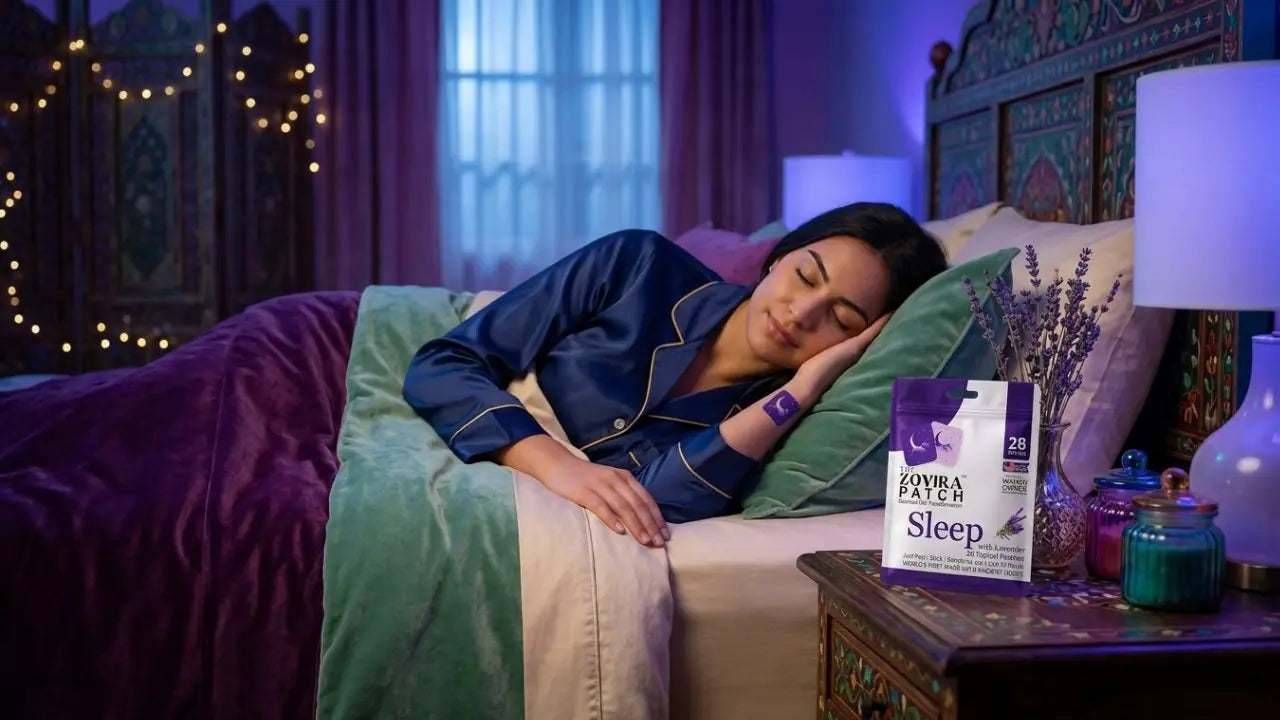 Woman sleeping peacefully in white bedroom with Zovira Purple Lavender Sleep Patch package on nightstand — drug-free melatonin patch for deep restful sleep