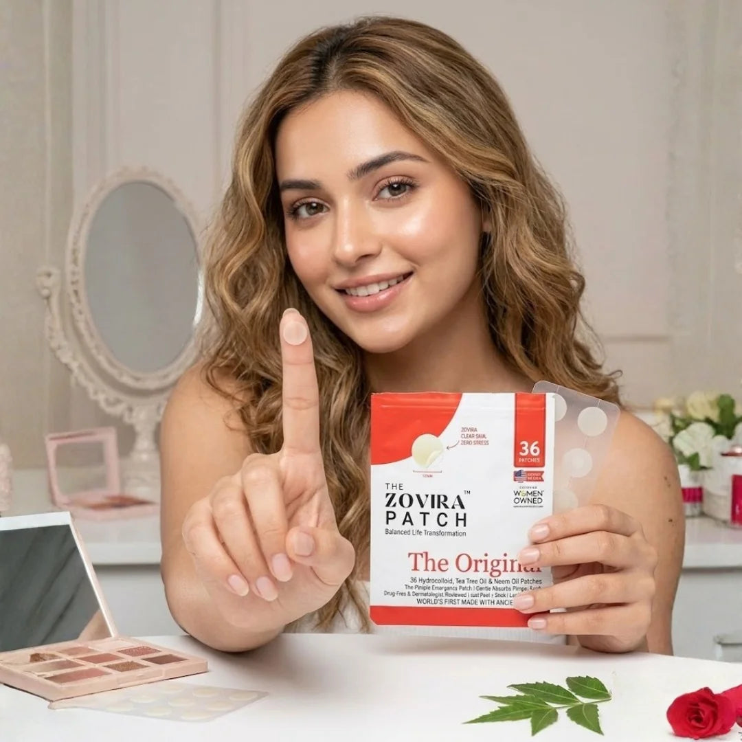Woman holding a box of Zovira Patch in a room with a mirror and flowers.