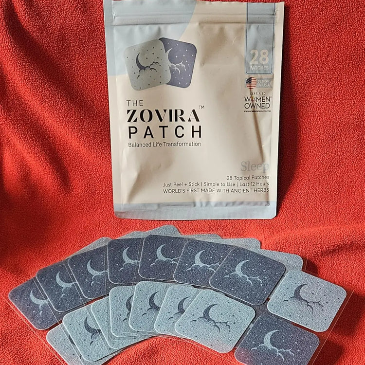 Zovira Patch packaging with patches on a red background