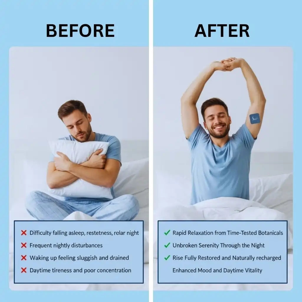 Before and after using Zovira Sleep Patch — from restless nights and daytime fatigue to deep sleep, restored energy, and enhanced mood


