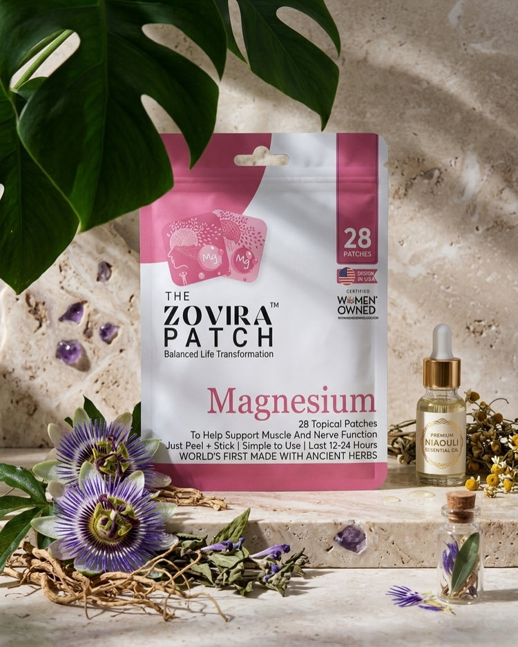 Zovira Patch packaging with a bottle of magnesium oil on a natural background