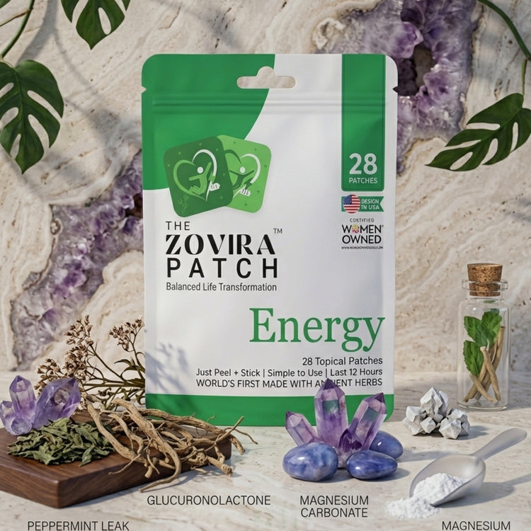 Zovira Patch packaging for energy with natural elements and herbs on a textured background