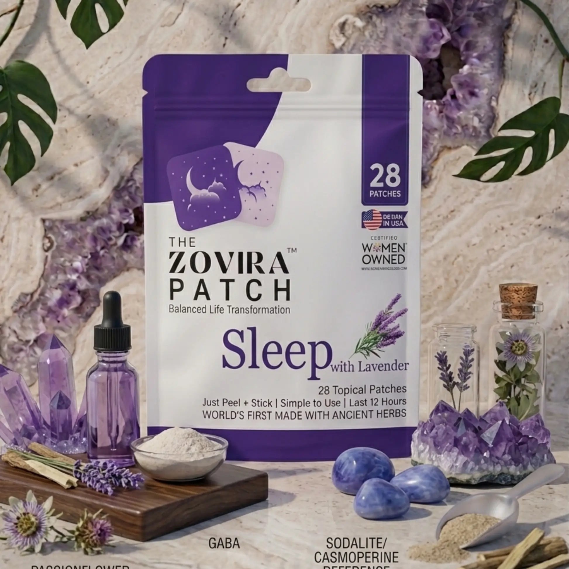 Zovira Patch packaging for sleep with lavender on a natural background with crystals and herbs.