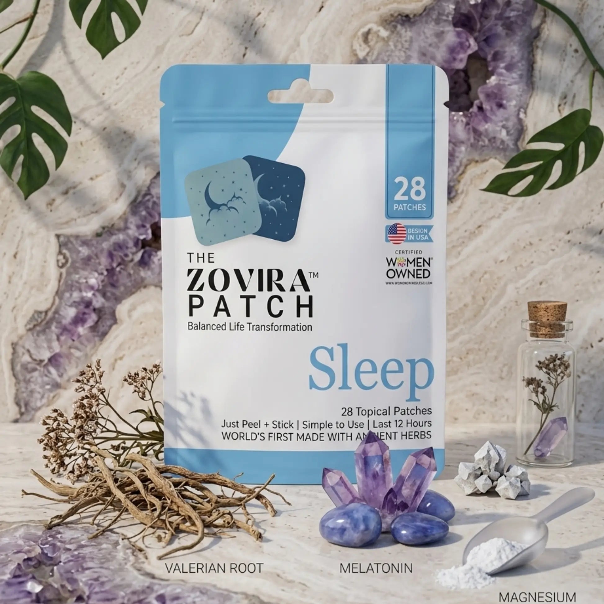 Zovira Patch packaging for sleep with natural elements on a textured background