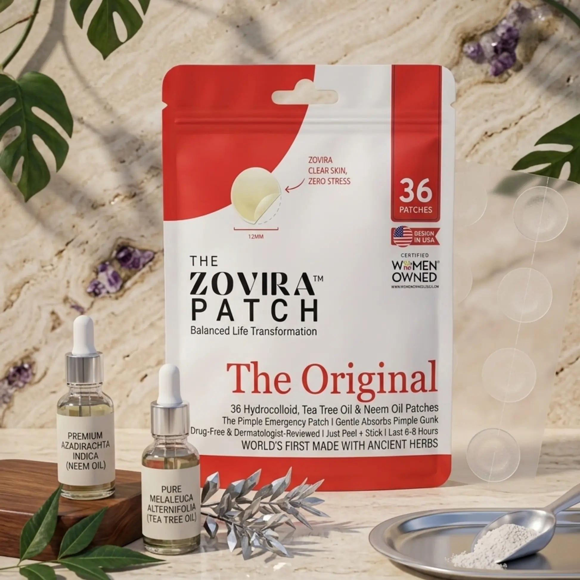 Zovira Patch packaging with two small bottles on a natural background