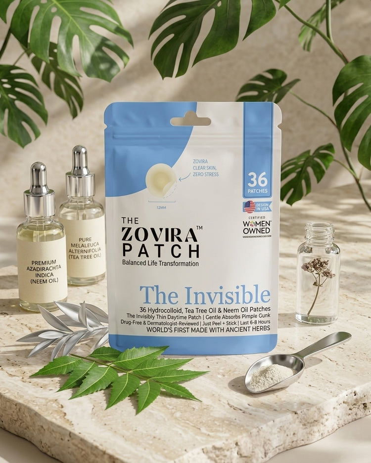 Zovira Patch packaging with natural products on a stone surface with green leaves in the background