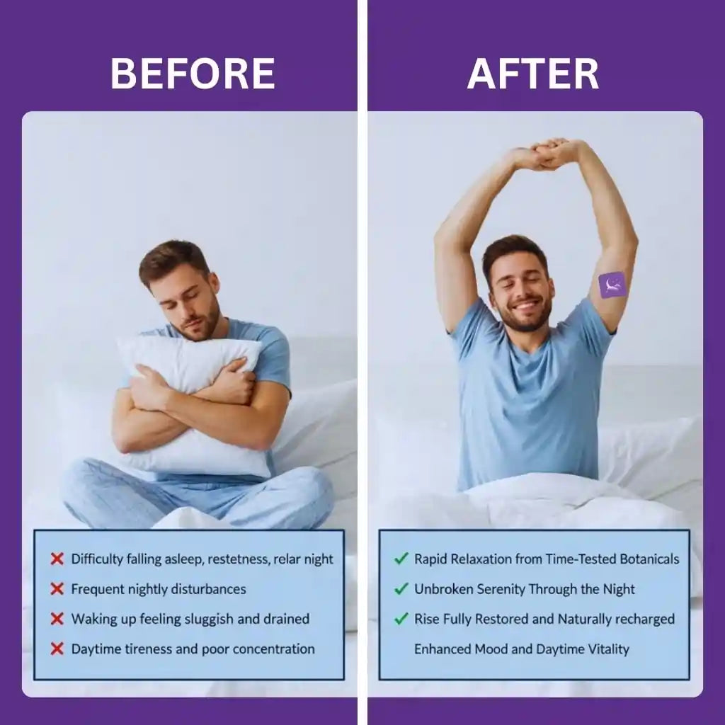 Before and after comparison of a man with sleep issues and improved well-being.