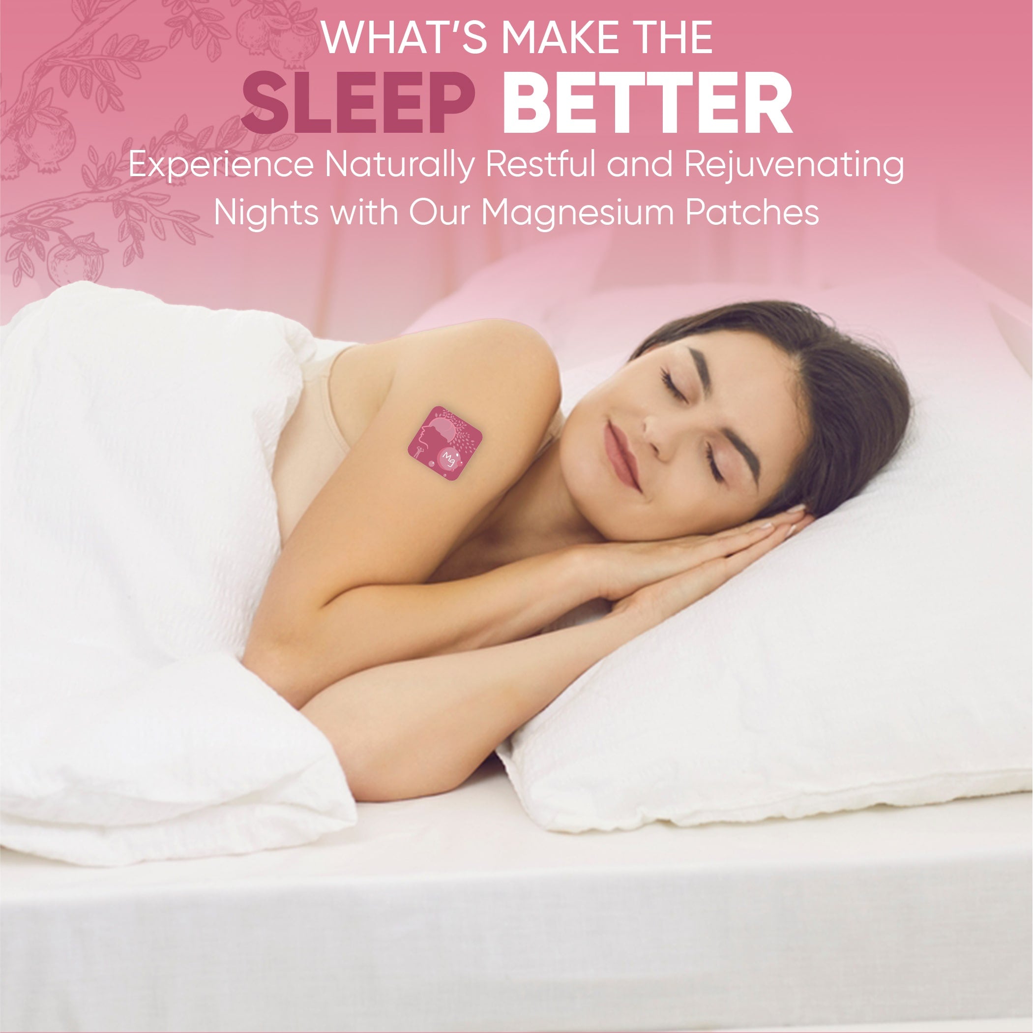 Woman sleeping with a magnesium patch on her arm, promoting better sleep with magnesium patches.