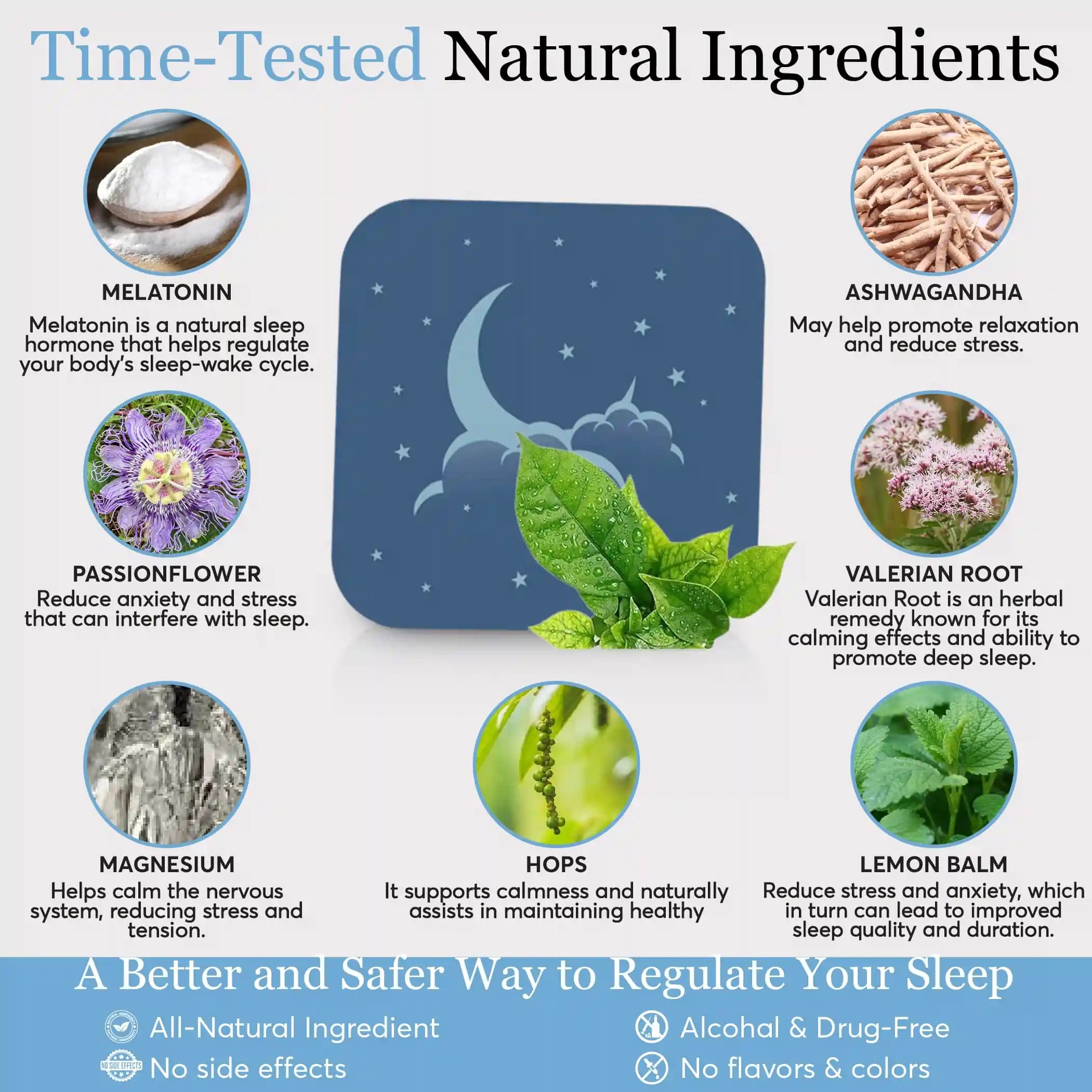 Time-tested natural ingredients in Zovira Sleep Patch — melatonin, ashwagandha, passionflower, valerian root, magnesium, hops, and lemon balm