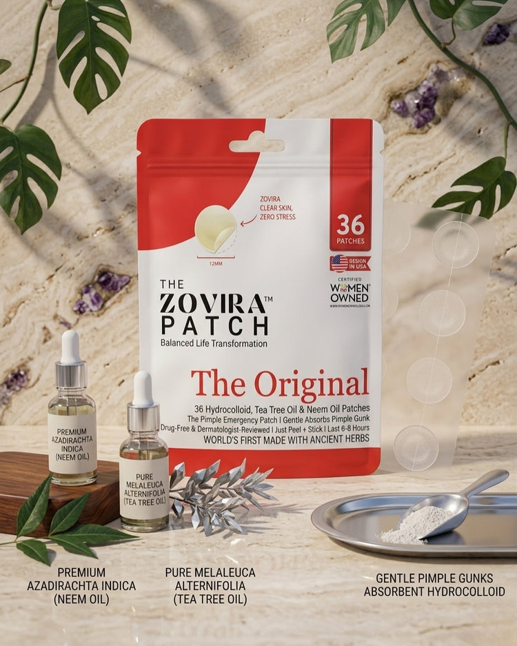 Zovira Patch packaging with neem oil and tea tree oil bottles on a natural background