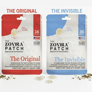 Two packages of Zovira Patches, one labeled 'The Original' and the other 'The Invisible', on a white background.