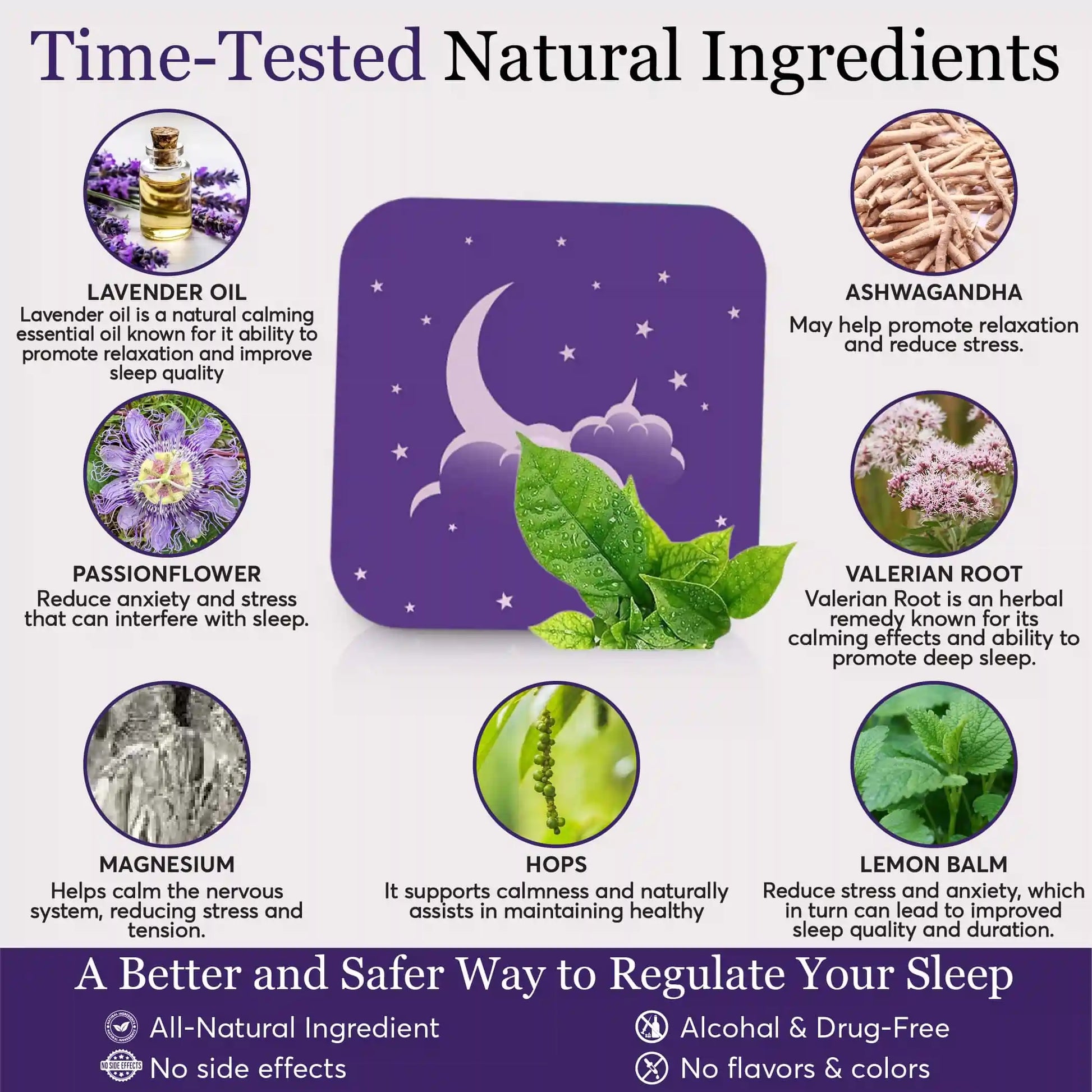 Product packaging with lavender oil, passionflower, ashwagandha, valerian root, lemon balm, and hops, labeled as natural sleep-regulating ingredients.