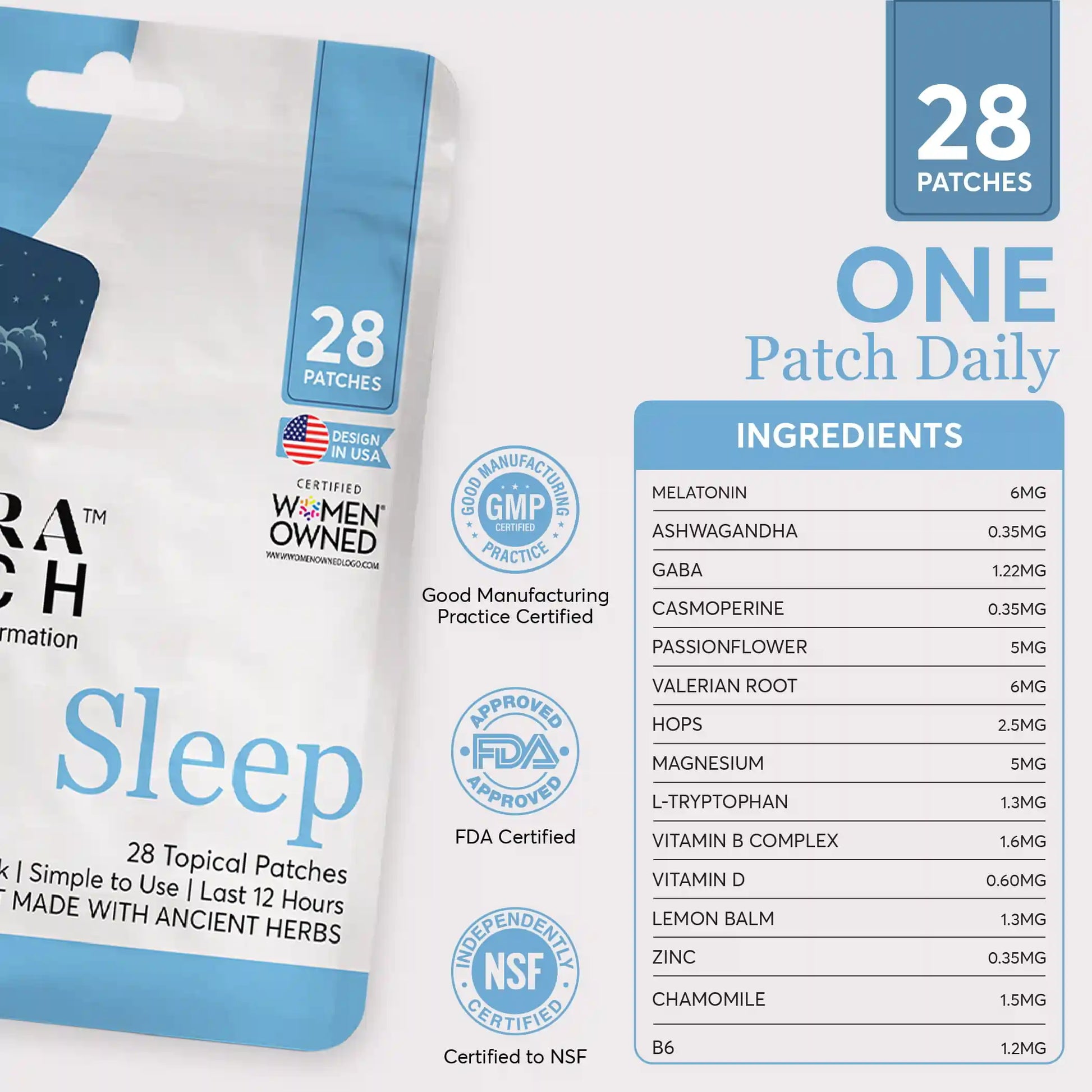 Zovira Sleep Patch ingredient list with 6mg melatonin, ashwagandha, GABA, valerian root and more — FDA certified, GMP certified, NSF certified, 28 patches