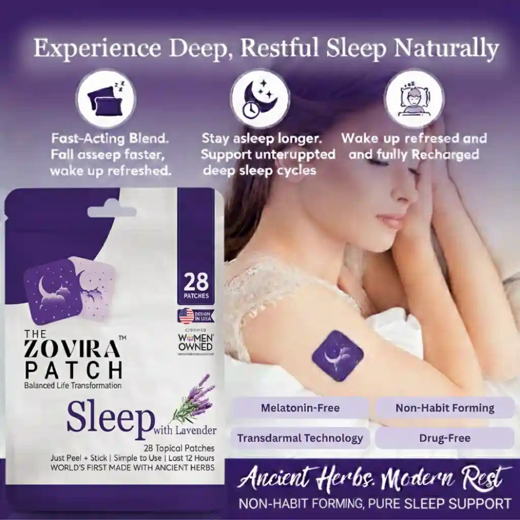 Zovira Sleep Patch packaging with a woman wearing a patch, and text about sleep support.