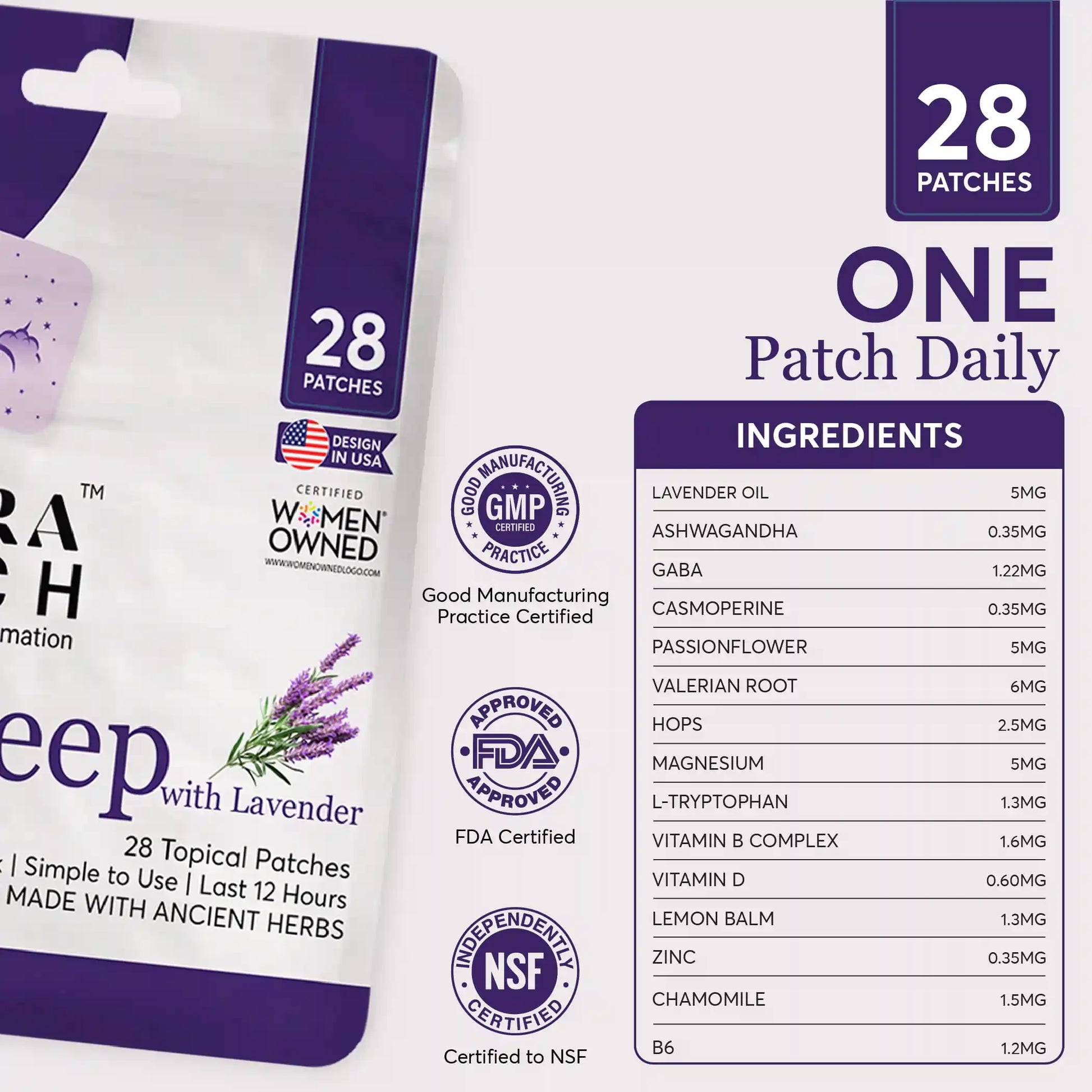 Packaging of a product with lavender and a list of ingredients on a white background