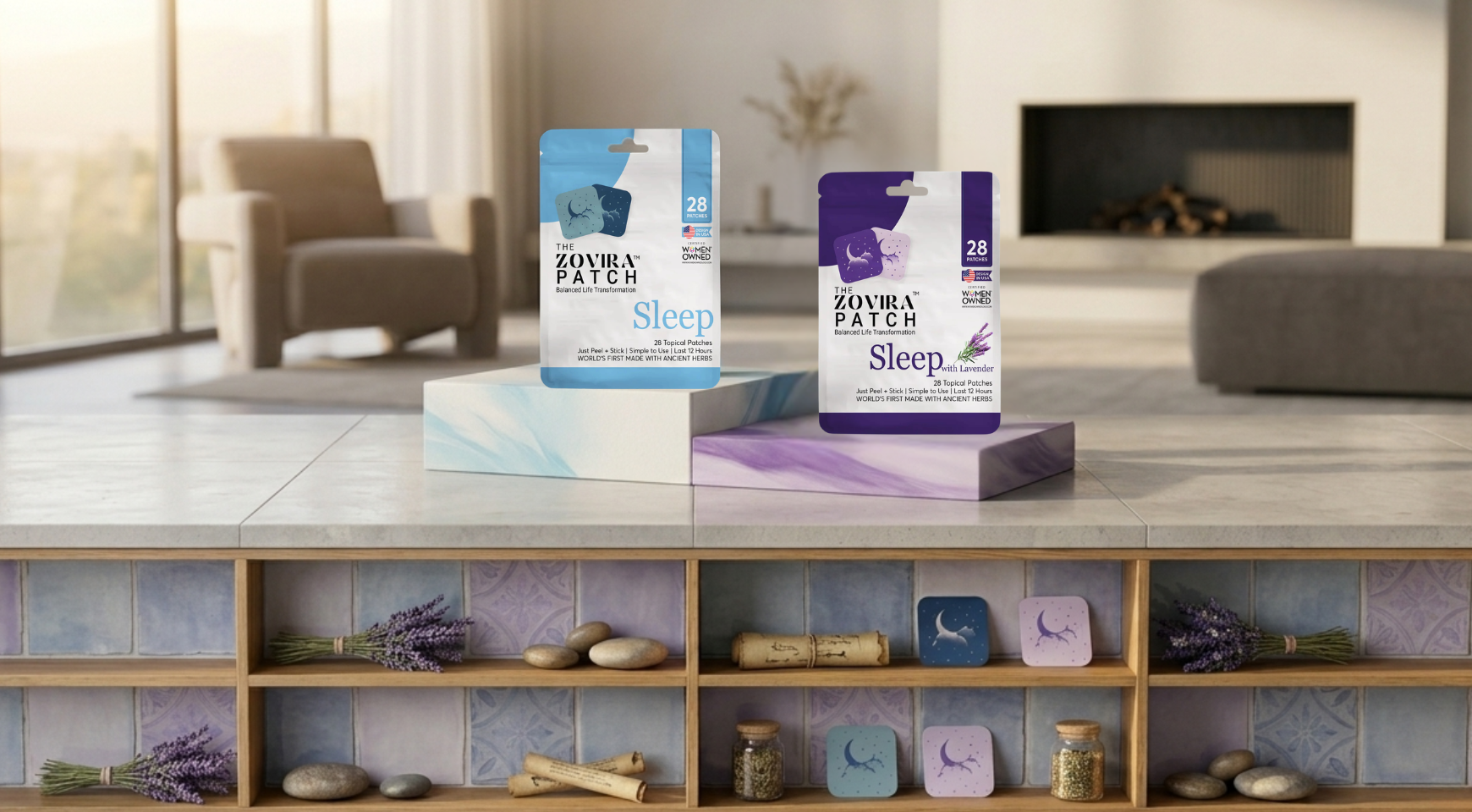 File name: zovira-sleep-patch-melatonin-lavender-28-count-lifestyle.jpg
Alt text: Zovira Sleep Patch with Melatonin and Sleep with Lavender — 28-count topical patch pouches displayed on a marble surface in a calm living room setting
