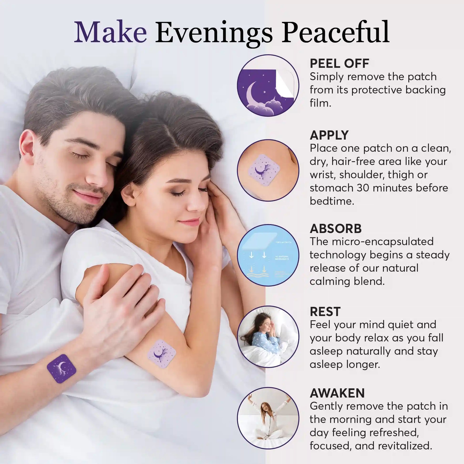 Couple lying in bed with a product patch on one person's arm, accompanied by instructions on how to use it.