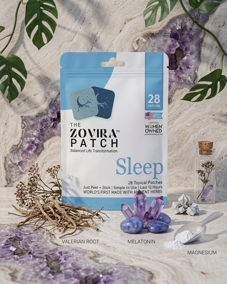 Zovira Sleep patch packaging with natural elements on a textured background
