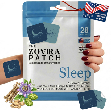 The Zovira Patch Sleep 28 topical patches in blue pouch with passionflower hops and valerian root, natural sleep support patches lasting 12 hours, designed in USA