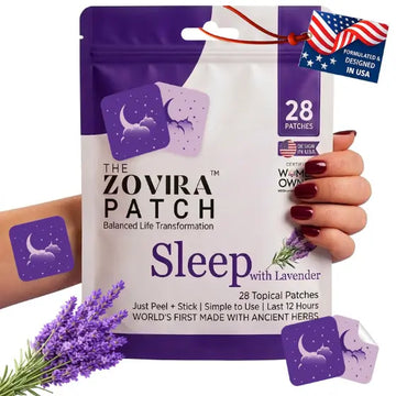 The Zovira Patch Sleep with Lavender 28 topical patches in purple pouch, peel and stick sleep aid formulated in USA, women owned brand with ancient herbs