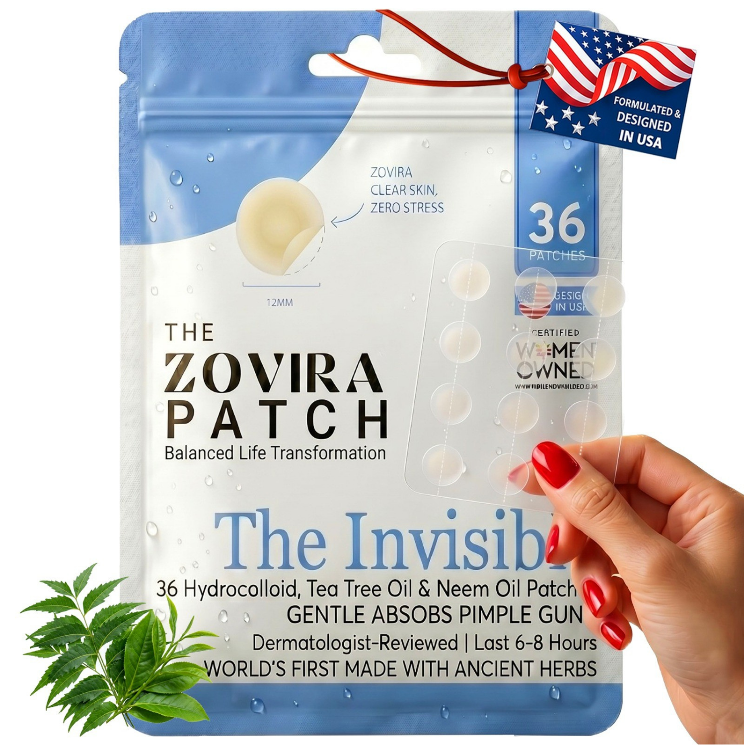 
The Zovira Patch The Invisible 36 clear hydrocolloid pimple patches with tea tree and neem oil in blue pouch, invisible acne spot treatment lasting 6 to 8 hours, designed in USA