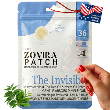 
The Zovira Patch The Invisible 36 clear hydrocolloid pimple patches with tea tree and neem oil in blue pouch, invisible acne spot treatment lasting 6 to 8 hours, designed in USA