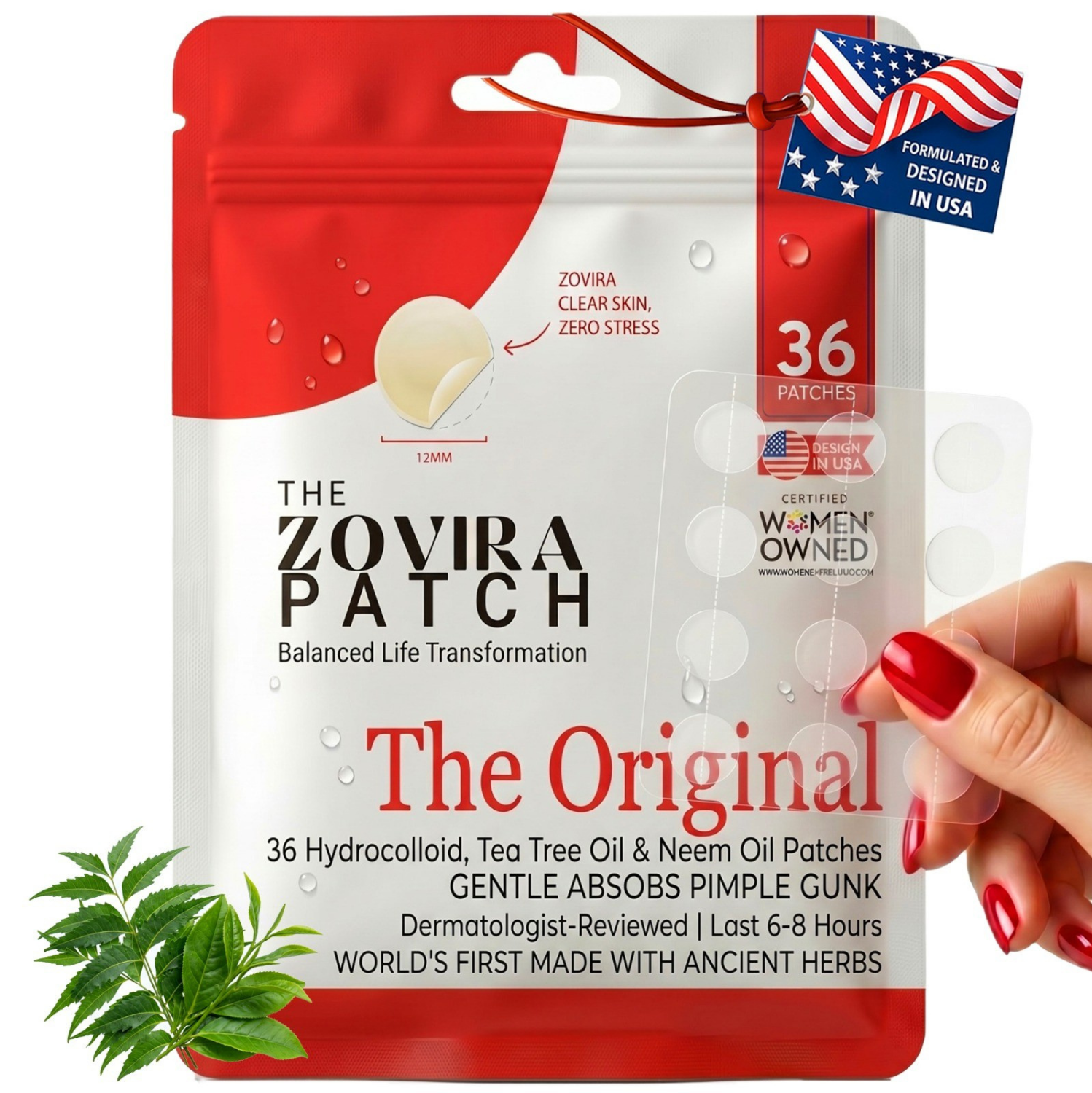 The Zovira Patch The Original 36 hydrocolloid pimple patches with tea tree oil and neem oil in red pouch, dermatologist reviewed acne spot treatment, women owned USA brand