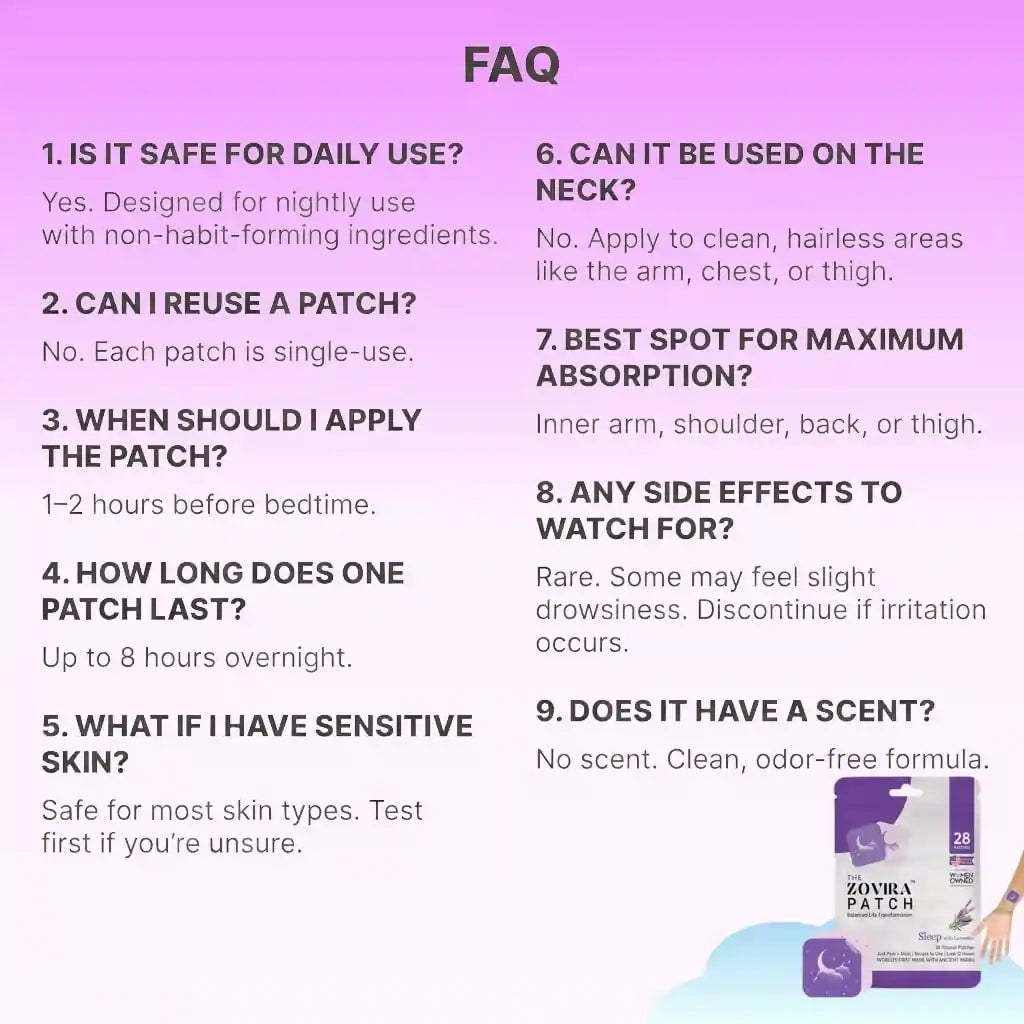 FAQ section about a product with a purple background and a Zohra Patch packaging image.