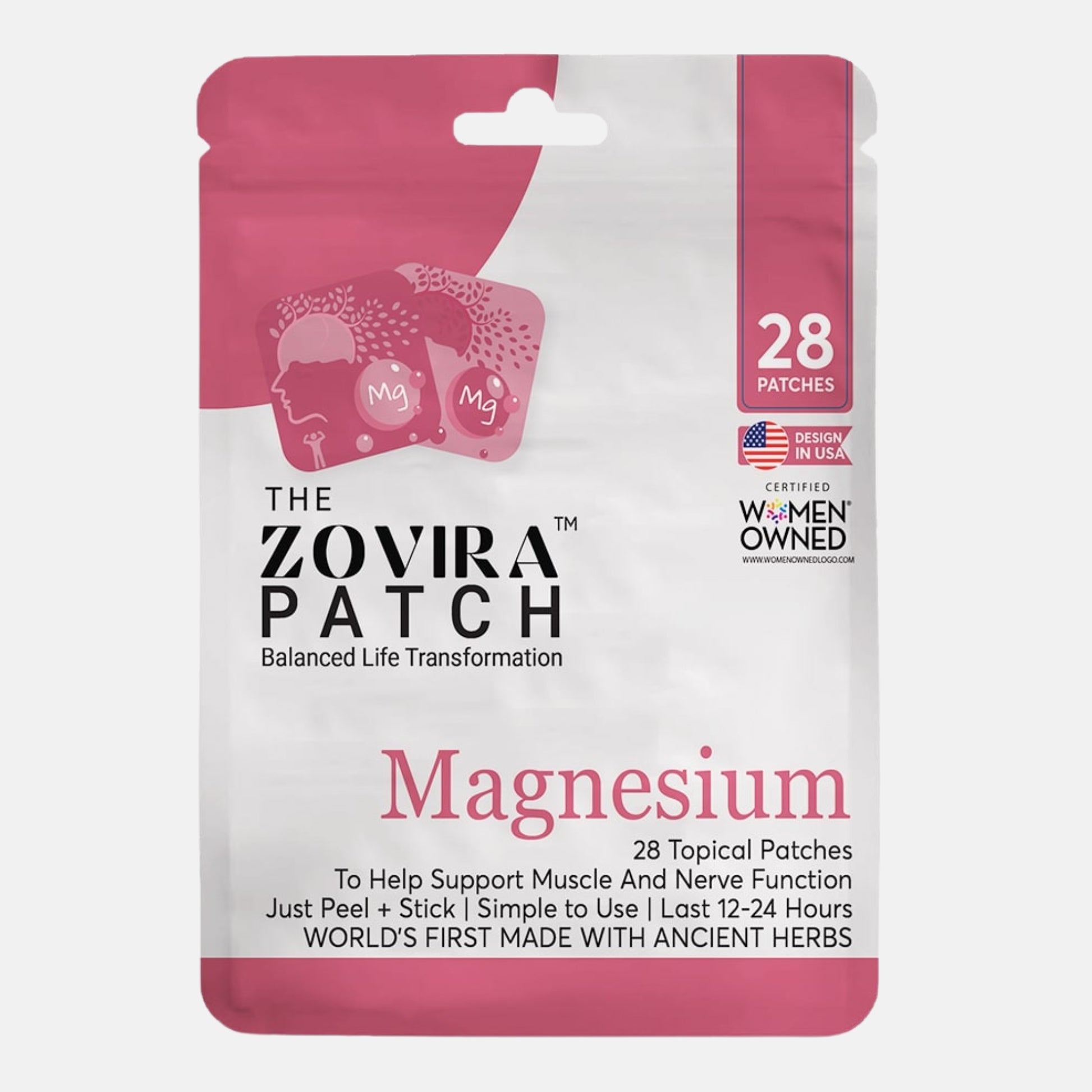 Zovira Magnesium patch packaging with pink and white design