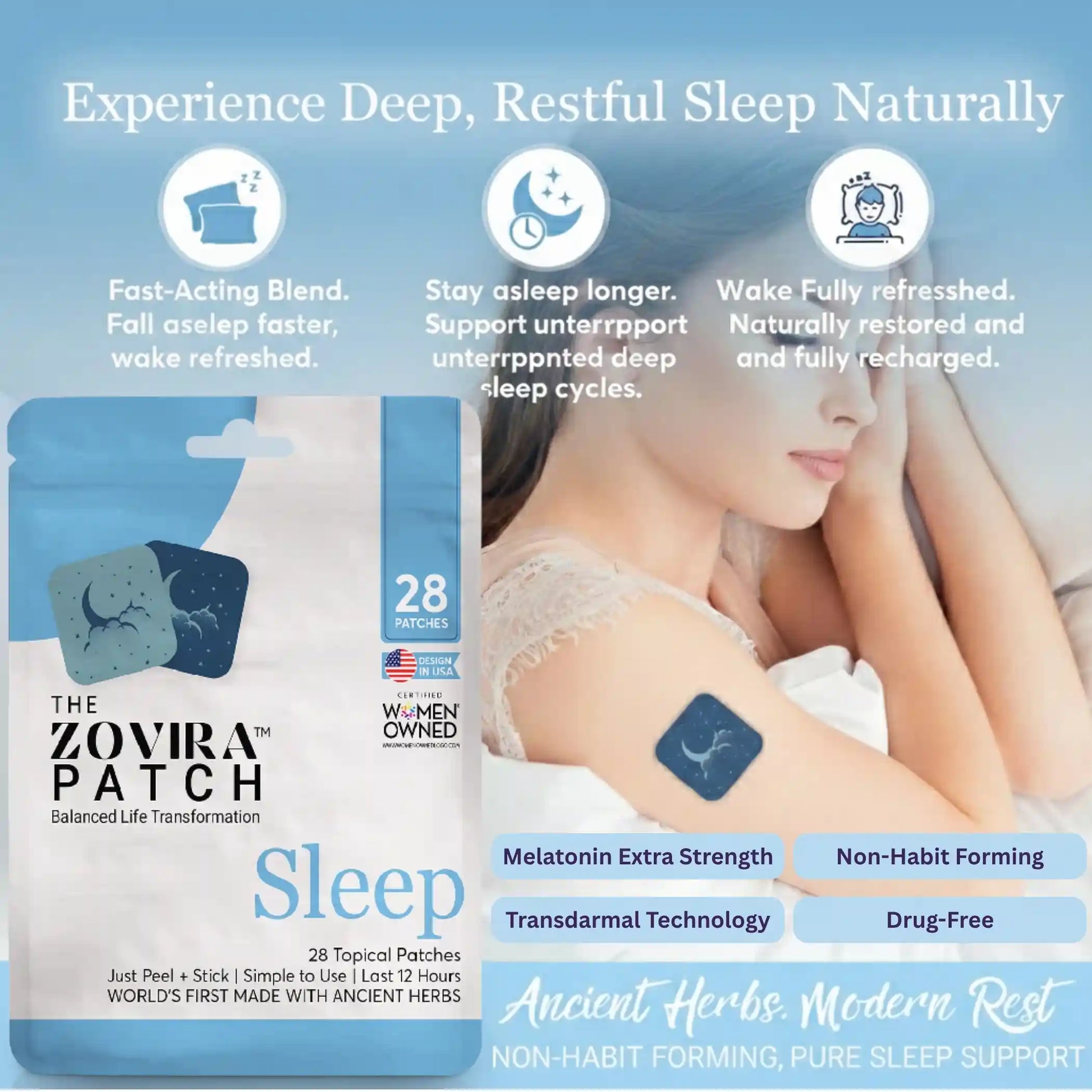 Experience deep, restful sleep naturally with Zovira Sleep Patch — fast-acting blend, melatonin extra strength, non-habit forming, drug-free