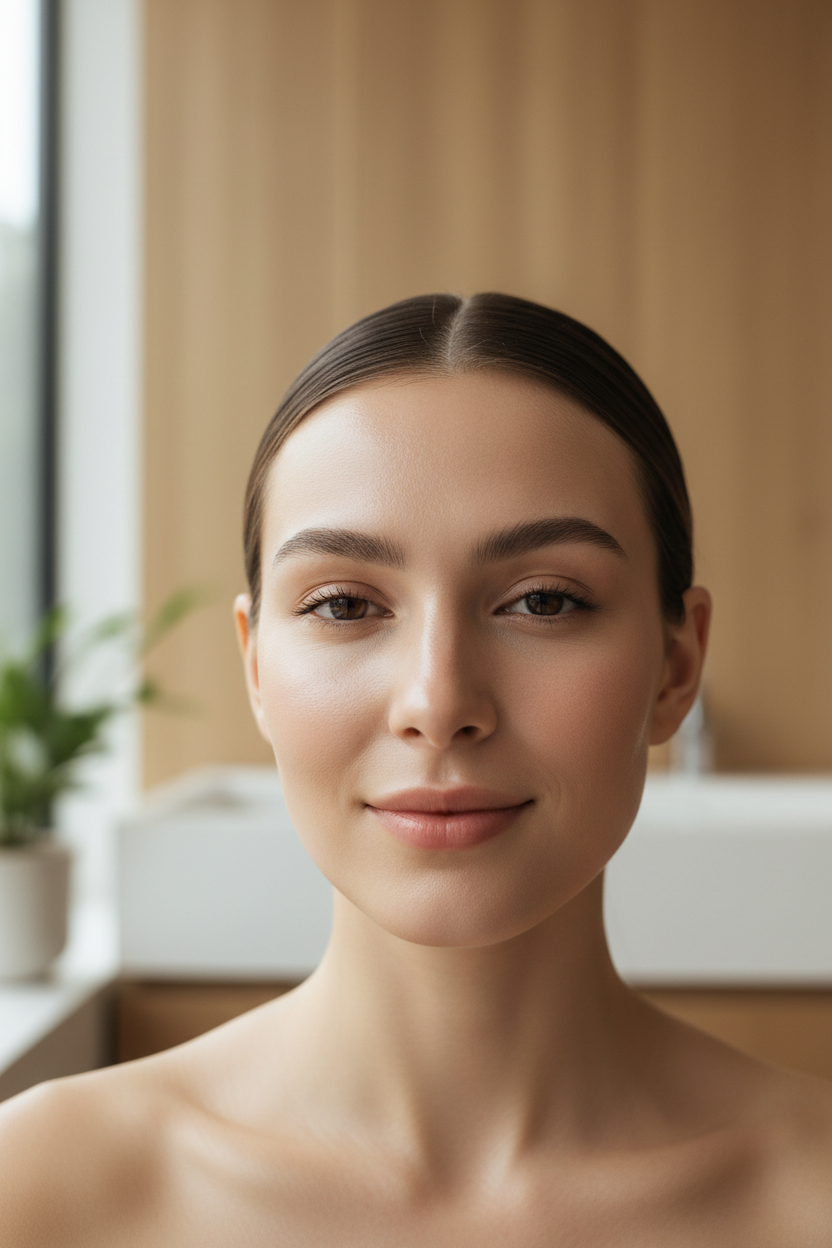 Woman with a neutral expression in a softly lit room