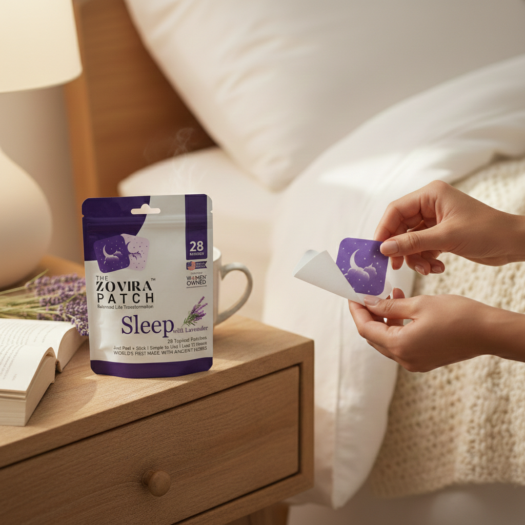 Zovira Patch Sleep packaging on a bedside table with a person holding a patch.