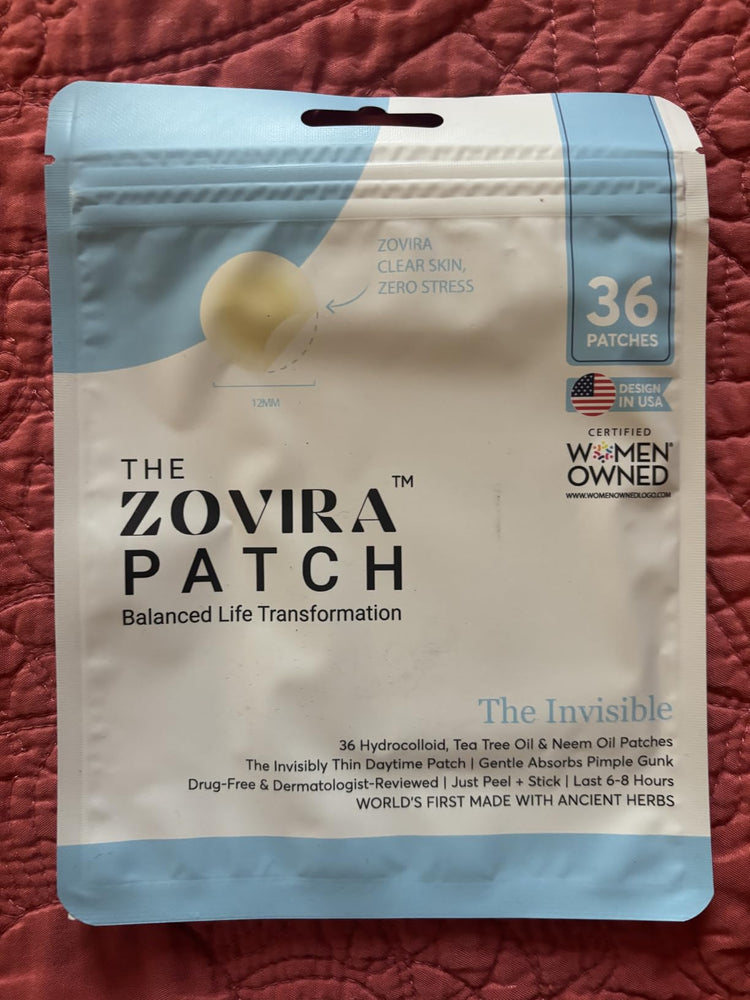 Zovira Patch packaging on a red textured background