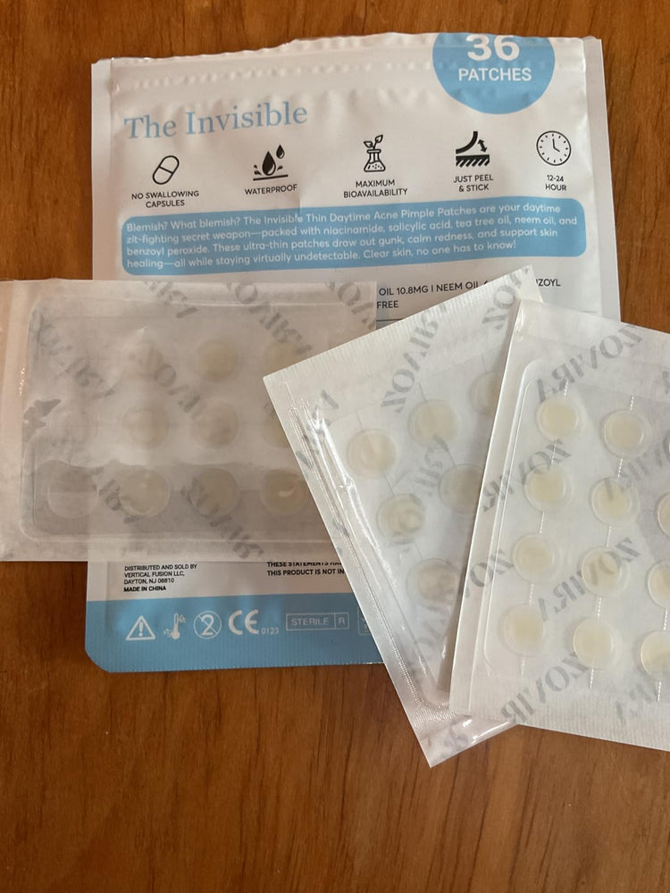 Invisible patch packaging with patches on a wooden surface