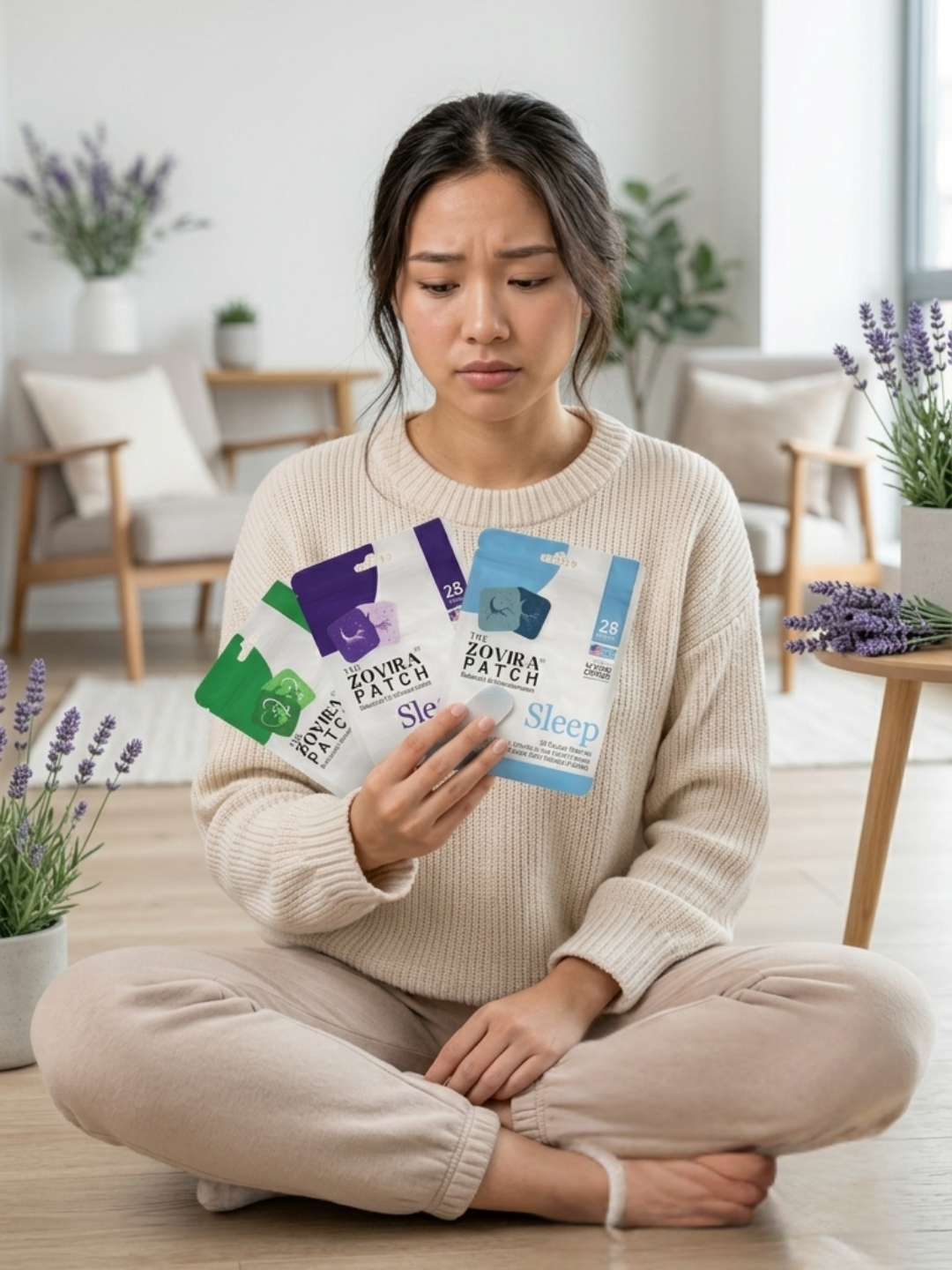 Woman sitting on the floor holding various boxes labeled 'Sleep' in a home setting.