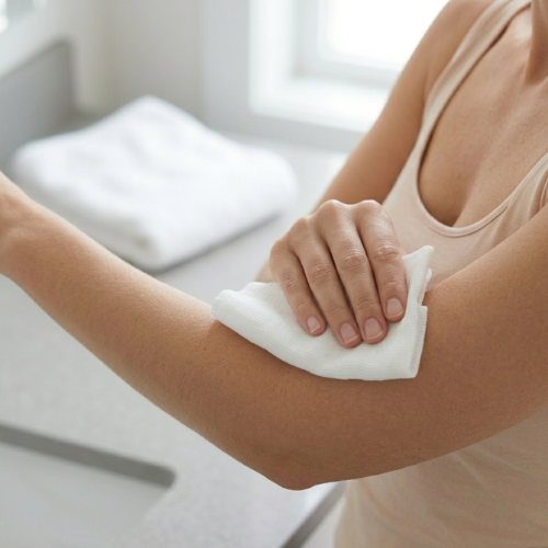 Person cleaning armpit with a white cloth in a bathroom setting
