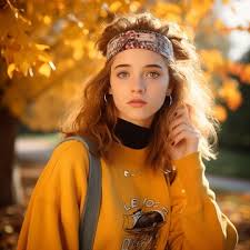 Person wearing a yellow sweatshirt with a graphic design, standing in an autumn setting with trees and fallen leaves.