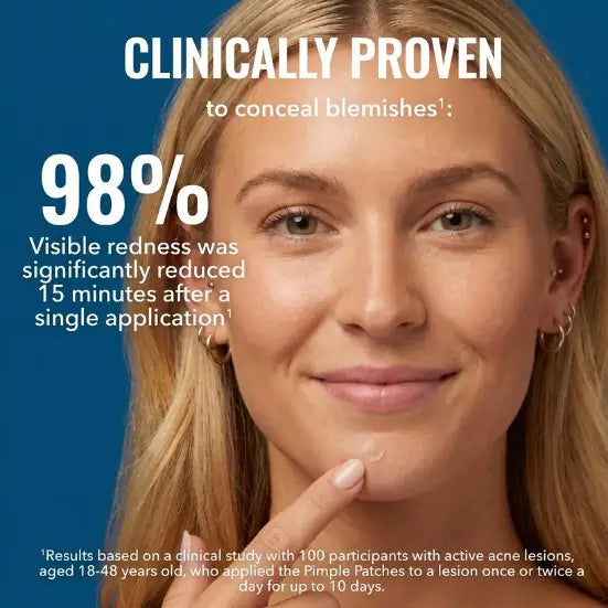 Woman with visible redness on face, text indicating clinical study results on a blue background