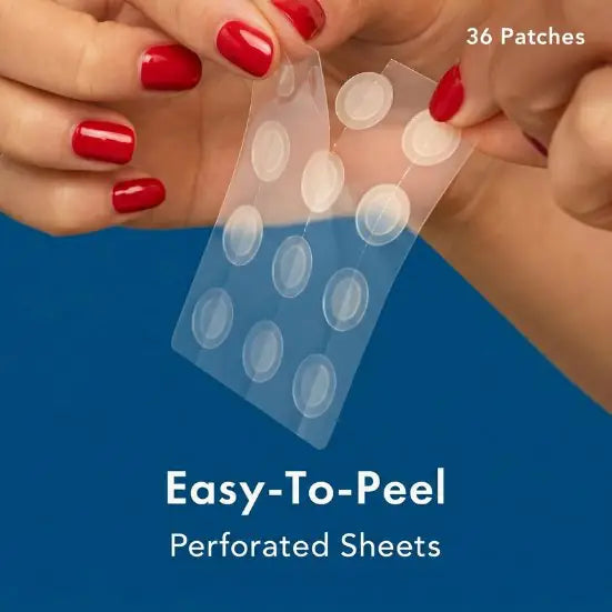 Hands holding a sheet of easy-to-peel perforated sheets with a blue background.