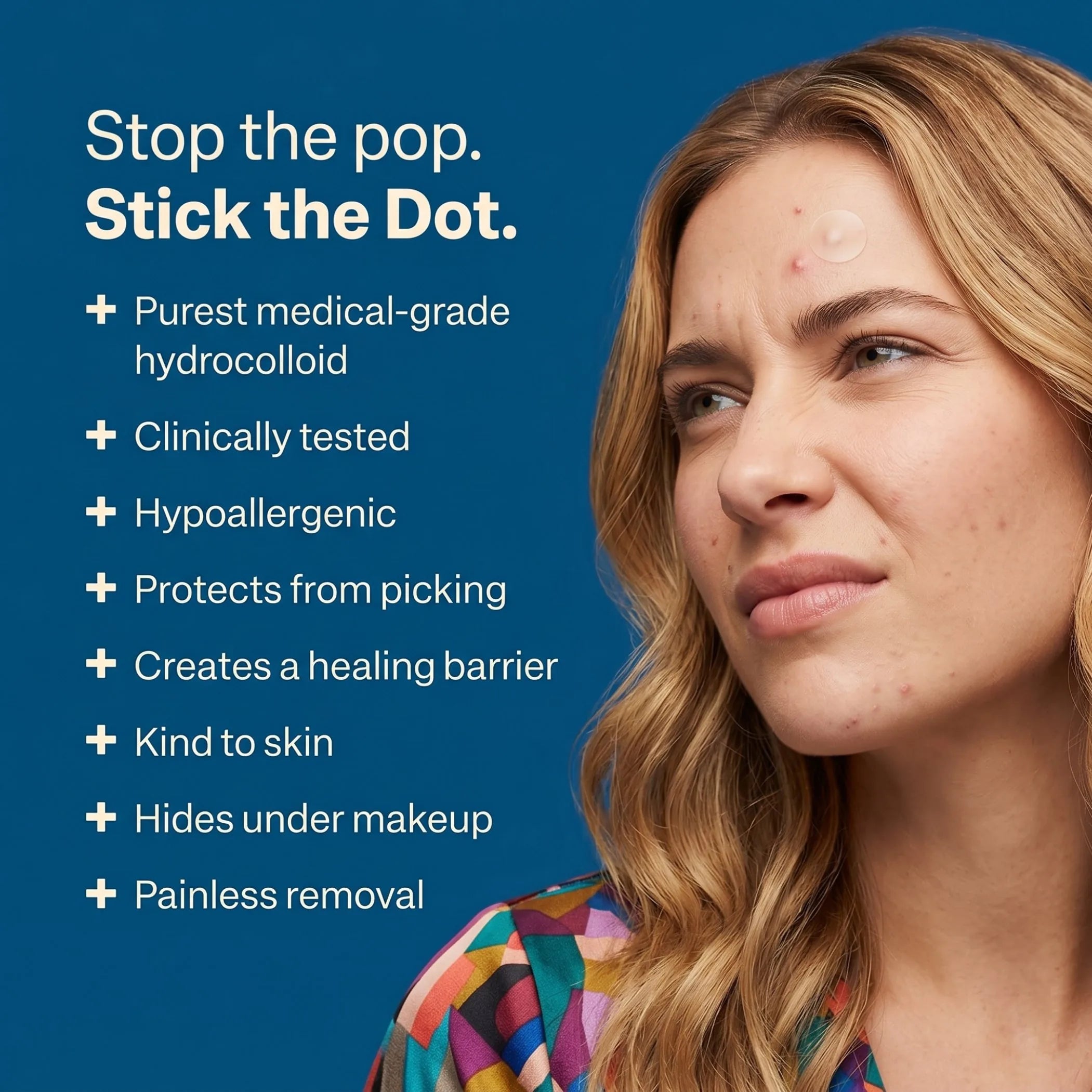 Hydrocolloid pimple patch on woman's forehead – medical-grade, hypoallergenic, creates healing barrier, hides under makeup