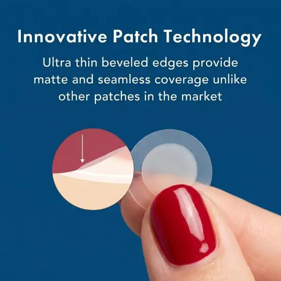 Innovative patch technology with ultra-thin beveled edges on a blue background