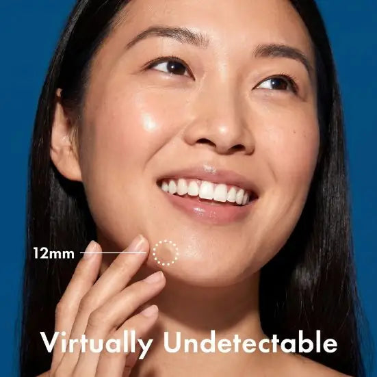 Woman with clear skin showing a 12mm measurement labeled 'Virtually Undetectable' against a blue background