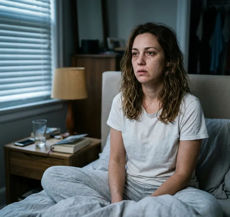 Exhausted woman sitting awake on bed at 3 AM with dark circles and tired eyes, struggling with insomnia and restless sleep before using Zovira lavender sleep patch