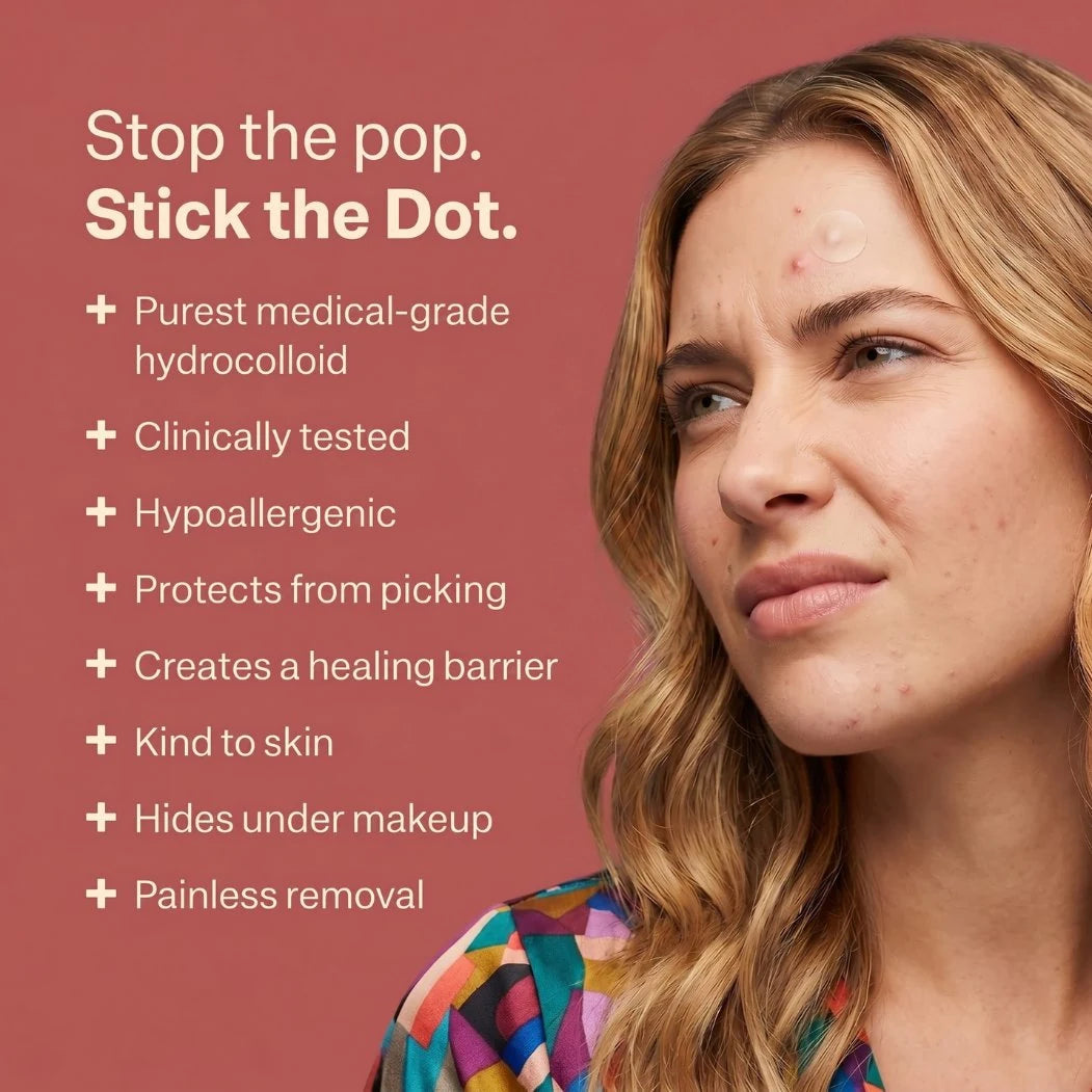 Woman with acne on a red background with product features listed